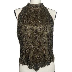 Papell Boutique 100% Silk Beaded Sleeveless Mock Neck Tan Brown Blouse Size XL
